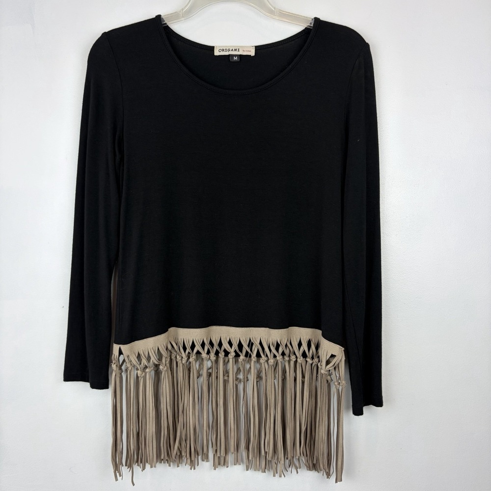 Origami by Vivien Top Womens Medium Black Taupe Suede Fringe Hem Western Boho